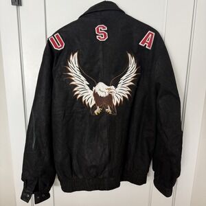 Y2K Ameri Mode Black Leather Eagle USA Jacket Quilted Lining Mens XXL Biker Moto